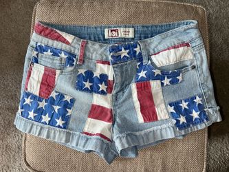 90s Vintage L.e.i.  American Flag 🇺🇸 Jean Shorts Patchwork Y2K Juniors 9 Women size M
