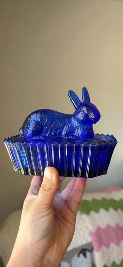 Vintage Cobalt Blue Glass Rabbit on Nest Covered Dish