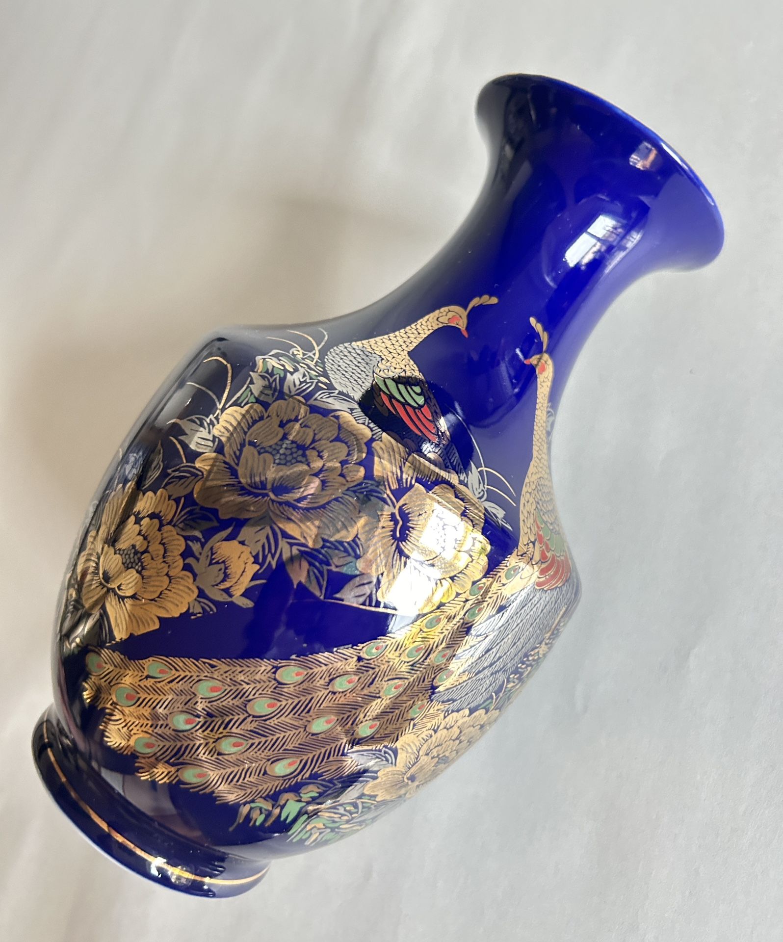 Vintage Cobalt Blue Porcelain Peacock Vase