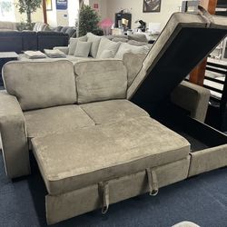 Warm Grey Reversible Sleeper Sectional W/ Storage 