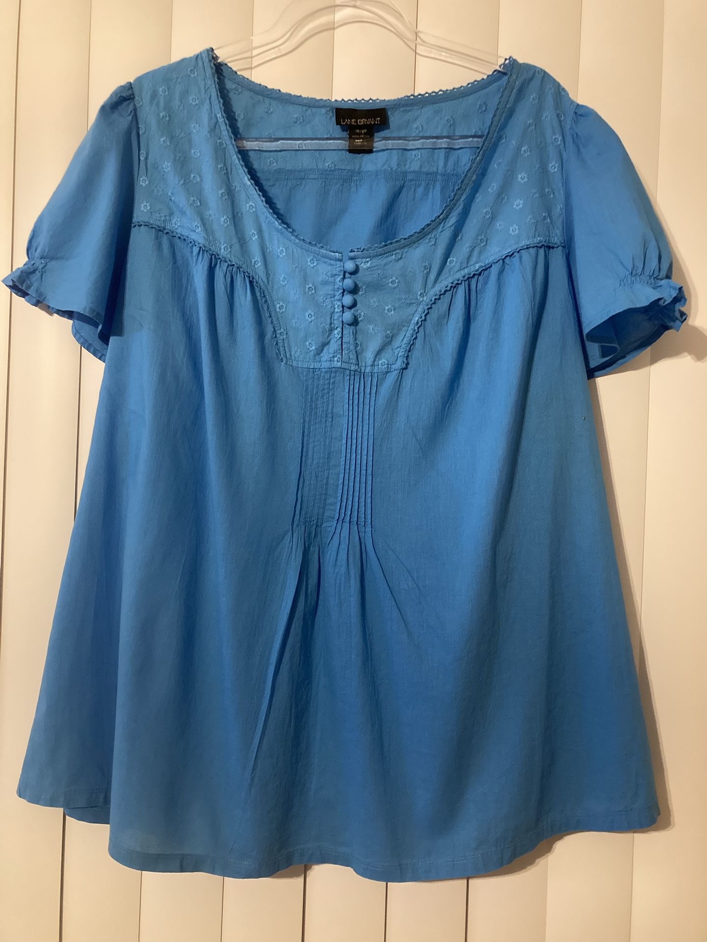 Lane Bryant Blue 100% Cotton Peasant Top Plus Size 18/20 Floral Embroidered