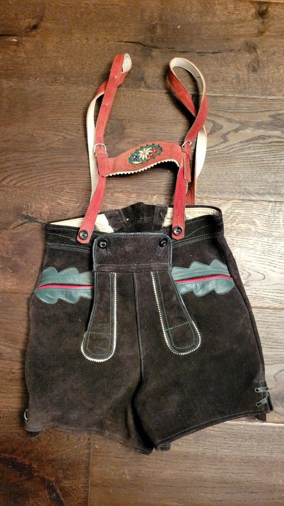 Vintage German Lederhosen Leather Oktoberfest Suede Child Shorts Suspenders Pinocchio Costume