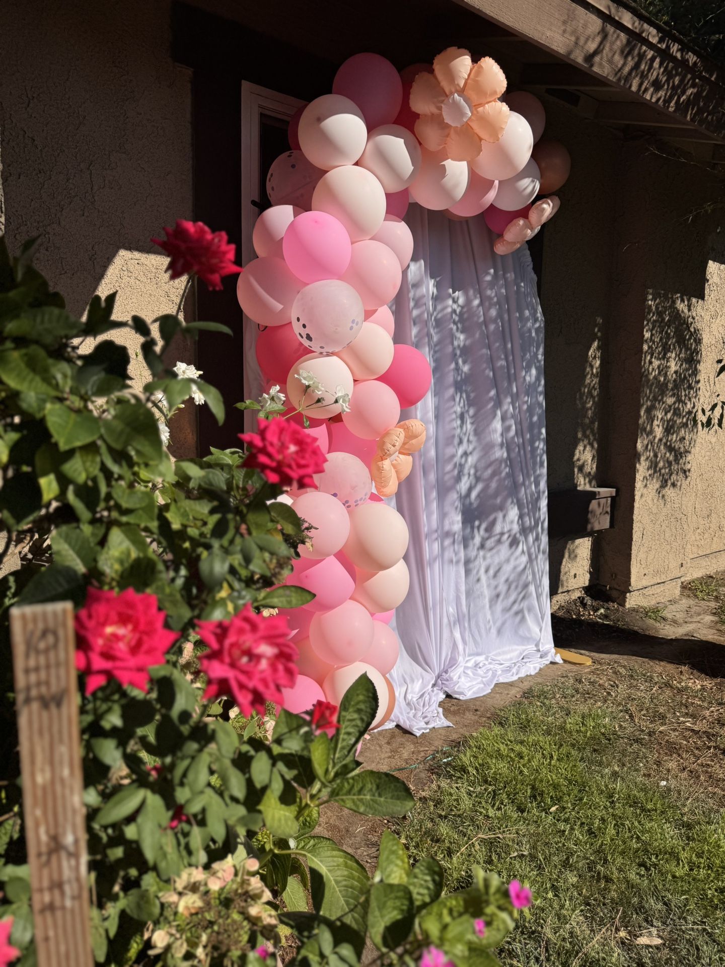 White Curtain Backdrop With Foil Flower Balloons. And A Balloon Garland