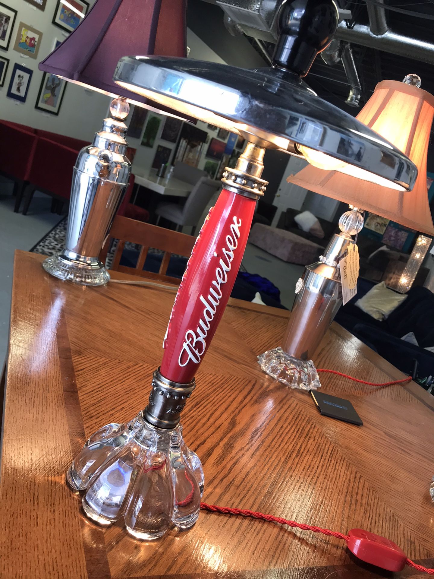Retro Budweiser Tap Handle lamp w/Vintage Ford Hubcap Lampshade for