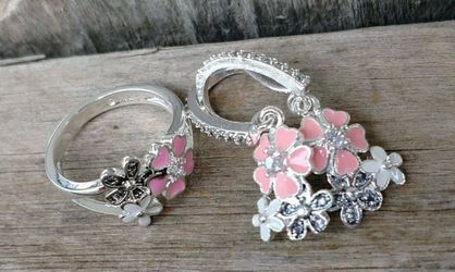 Silver Japanese Cherry Blossom Flowers Ring Earrings set