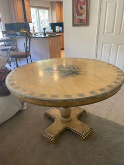 Vintage Round Wooden Pedestal Dining Table - 48 in - Hand-Painted Fruit Design