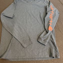 Carhartt Shirt  L 12-14 Loose Grey Orange Sleeve Spell Out Workwear