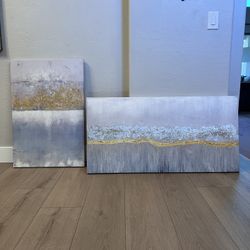 TWO DIFFERENT LARGE Blue/Grey & Silver/Gold Foil/Glitter Textured Canvas Wall Art