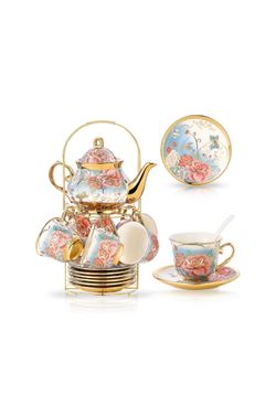 New 20 Pieces Porcelain Tea Set With Metal Holder, European Ceramic tea set for adults,Flower Tea Set,Tea Set For Women With Flower Painting (VIVID BL