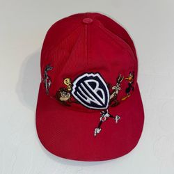 Vintage Warner Bros Looney Tunes Snapback Hat Red Embroidered Kids Cap