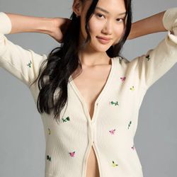Favorite Daughter Floral Embroidered Ribbed Cardigan - Cream/Ivory, Size L