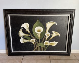 Beautiful Hand Painted Calla Lillies On Canvas Black Wooden Framed 