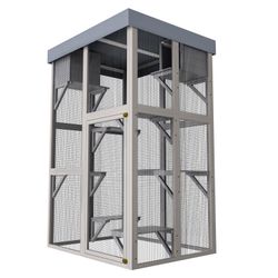 70.5＂ Tall Wooden Catio Outdoor Cat Enclosure, Gray Cat House Large Solid Wood Cage Playpen with 6 Jumping Platforms & 2 Napping Houses, Movable tarp 