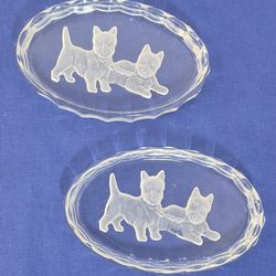Set of 2 Vintage Intaglio Glass Etched Scottie Dogs Trinket/Pin Dishes