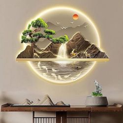 3D Wall Hanging Art Decorations Lamp, Wall Sculptures Wall Hanging Art with LED Light, Glowing Mountain and Water Landscape Hanging Paintings, Tree of