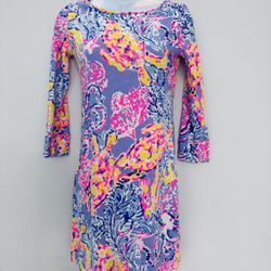 Lilly Pulitzer Verbena Marlowe Dress So Snappy EUC 3/4 Sleeve Turtle Lilac - Size XXS