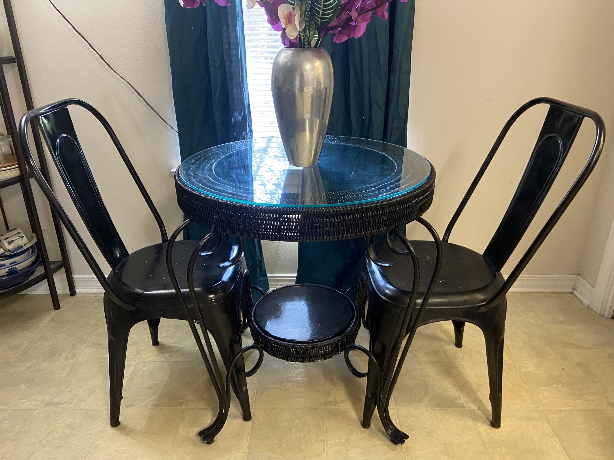 Small Black Wrought Iron And Wicker Dining Table And 2 Chairs In Excellent Condition