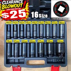 16 PCs Pneumatic Air Hex1/2" Drive 6 Point Metric Impact Socket Set 10-32mm