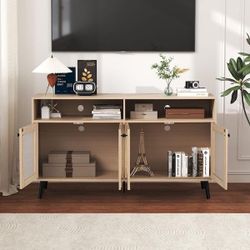 Natural TV Stand Entertainment Center Fits TVs up to 60 in. with 4 Doors, Open Shelves, Tapered Legs, Cable Management