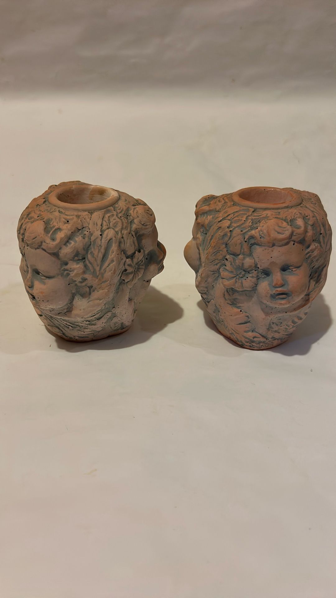 Vintage Pate & Base Small 3" Cherubs Babies cast stone candle holder cute 3D