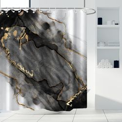 Dreamy Ink Art Black Glod Marble Shower Curtain for Bathroom with Hooks