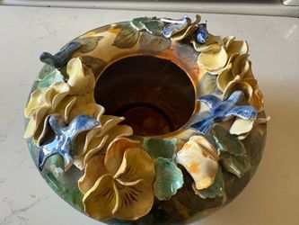 Vintage Italian Green Ceramic Vase with 3D Floral and Bird Relief