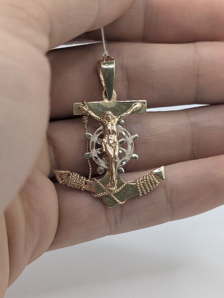 Two Toned Gold 14kt Anchor Crucifix Pendant