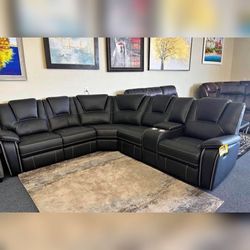 Black Breathing Leather Modular Manual Recliner Sofa