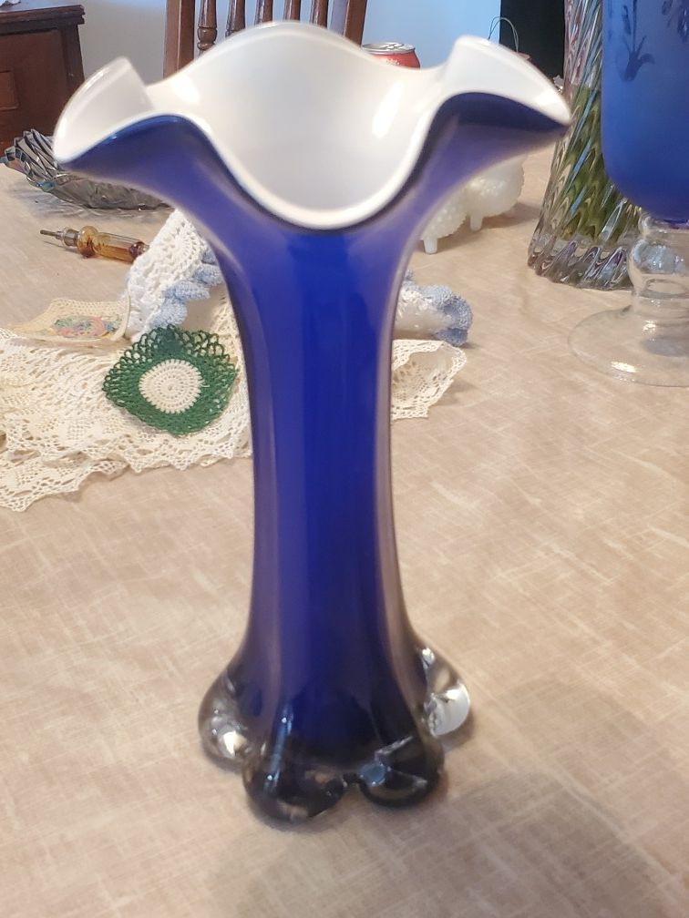 Cobalt blue and white glass overlay vase