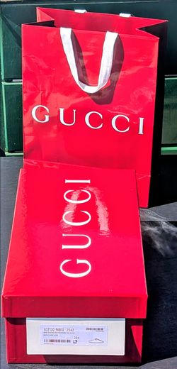 GUCCI Empty Burgundy Shoe Box, 14" x 8" x 5" + (2) Satin Dust Bags, PPR Shop Bag, Ribbon & Burgundy