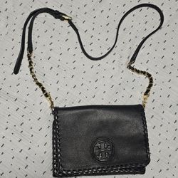 Tory Burch Black Pebbled Leather Crossbody Bag Gold Chain