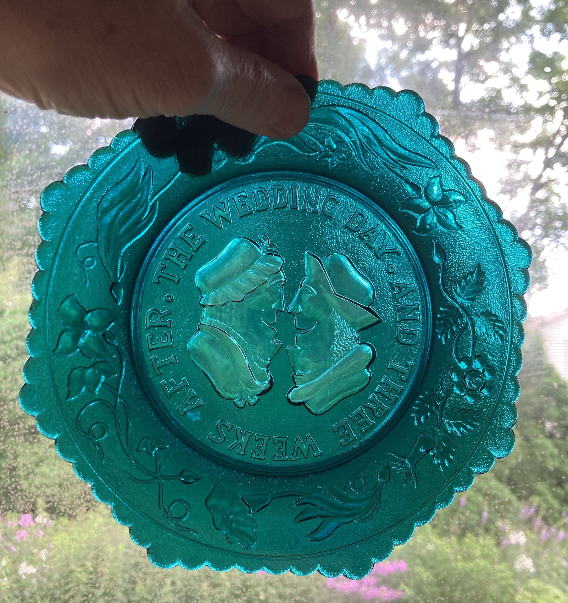 Vintage Westmoreland Humorous Decorative Plate: “The Wedding Day” and “Three Weeks Later” Green glass