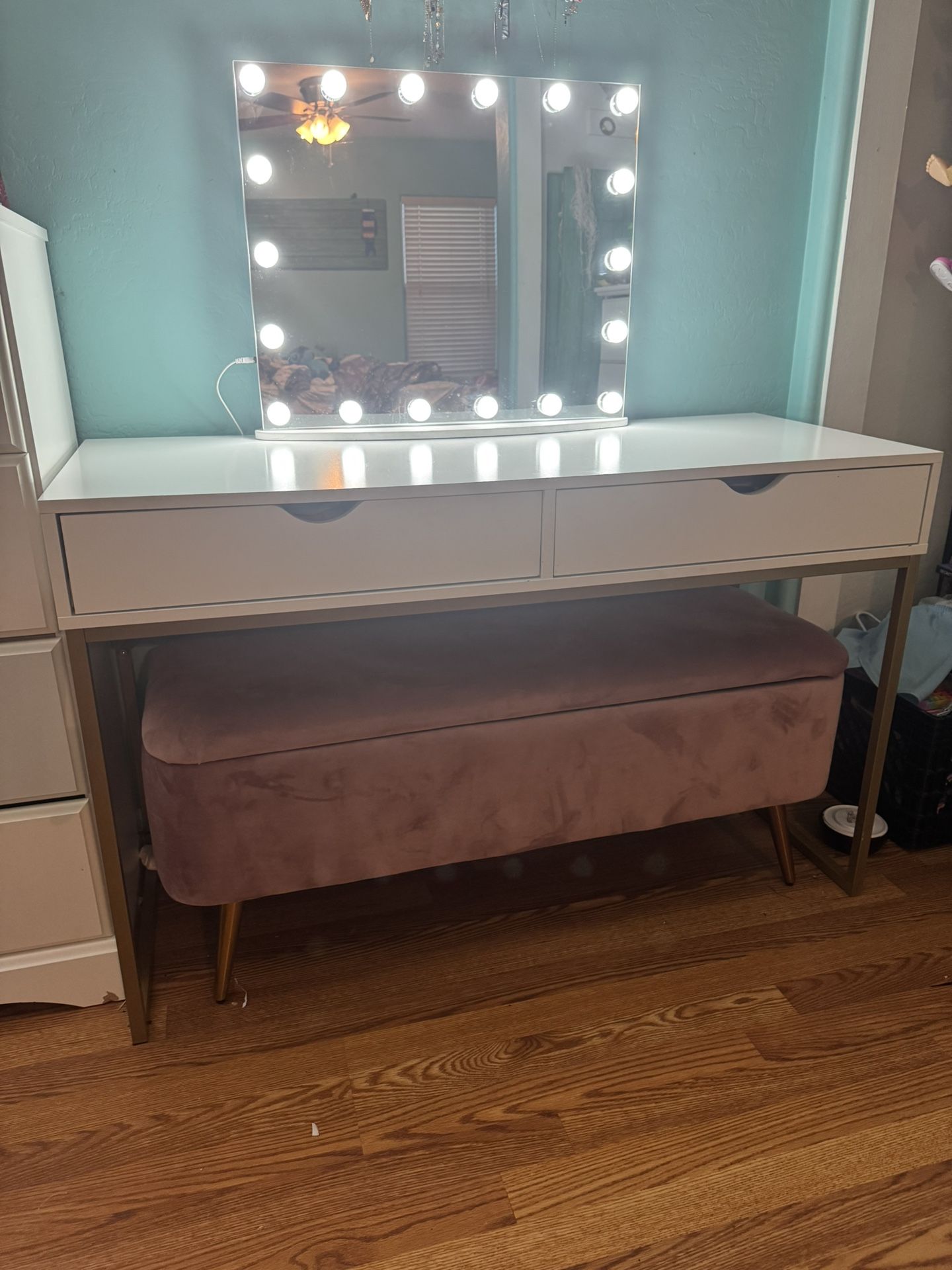 White Vanity Mirror Desk Bench Storage
