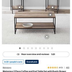 Mainstays 3 Piece Coffee and End Table Set with Rustic Brown Finish and Black Metal Frame