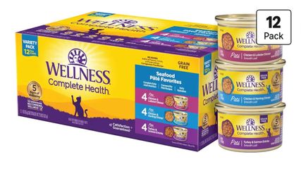 Wellness Complete Health Pate Variety Pack Adult Canned Wet Cat Food, Natural, Protein Rich, Grain Free, Seafood Favorites, 3 oz, Pack of 12 Cans