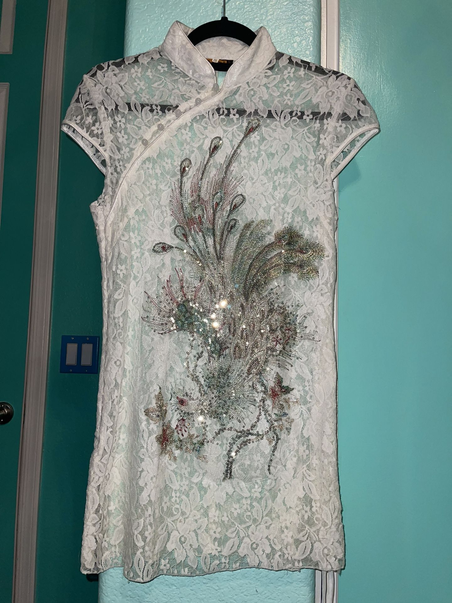 White Lace Chinese Tunic With Sequence Peacock And Pearls 