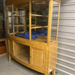 Antique Wood And Glass 2 Piece China Hutch Set