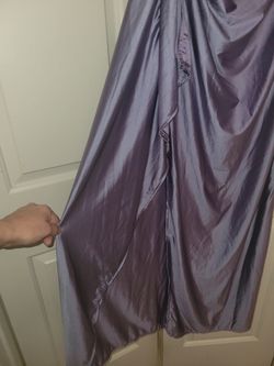 Large purple one-shoulder side slit ruched draped bodice satin evening formal gown prom