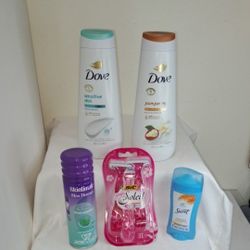 Dove Bodywash, Secret Deodorant,  Bic Razors,  Shave Gel + Optic White  Toothpaste 