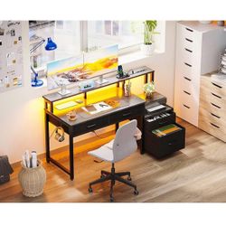 48-Inch Computer Desk with Fabric File Cabinet and Fabric Drawers, Reversible Office Desk with LED Strip and Power Strip, Gaming Desk with Monitor Ris