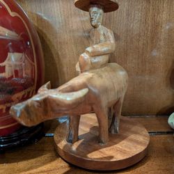 Vintage Wooden Carving Man Riding Ox