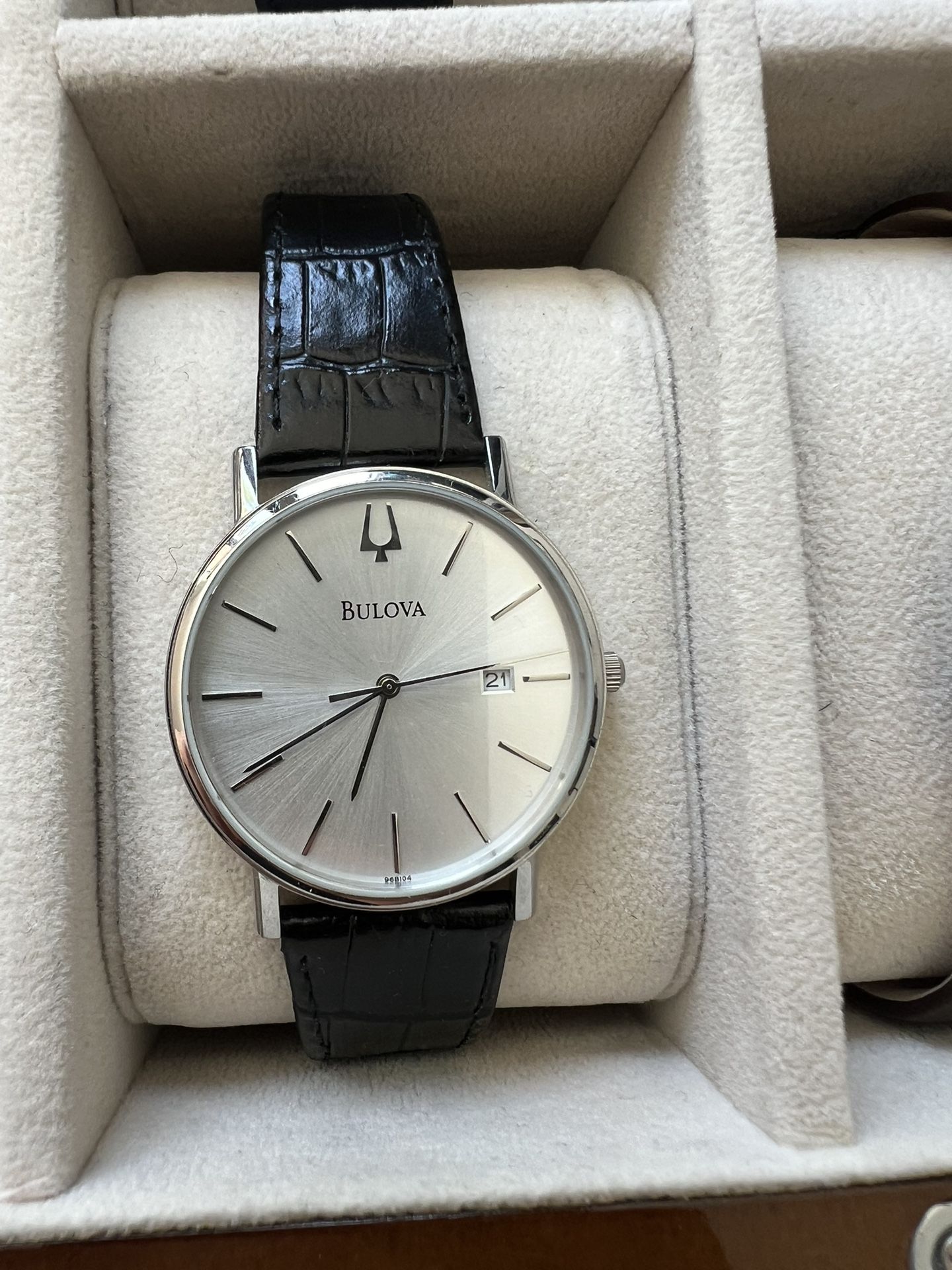 bulova men's dress leather watch 96b104 Bulova Mens 96B104 Silver Dress Watch w/Black Leather Band Quartz Analog 37mm