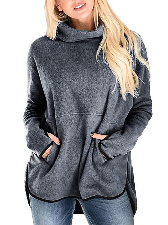 New oversize women's Sweatshirts Long Sleeve Pullover Cowl Neck Loose Tunic Tops with Pocket