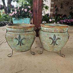 Turquoise Flor de Lis Clay Pots, Planters, Plants. Talavera, Pottery $55 cada una