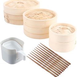 Bamboo Steamer Basket Set - 4/6/8inch Chinese Steamer,5 Pairs Chopsticks,6 Pcs Seasoning Dishes & Storage Box,For Cooking Dumplings,Vegetables,Meat