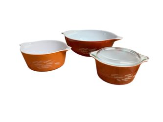 Vintage Pyrex Autumn Harvest Mixing Bowls and Casserole Set