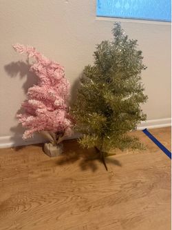 Set of 2 Small Pink and Gold Artificial Christmas Trees