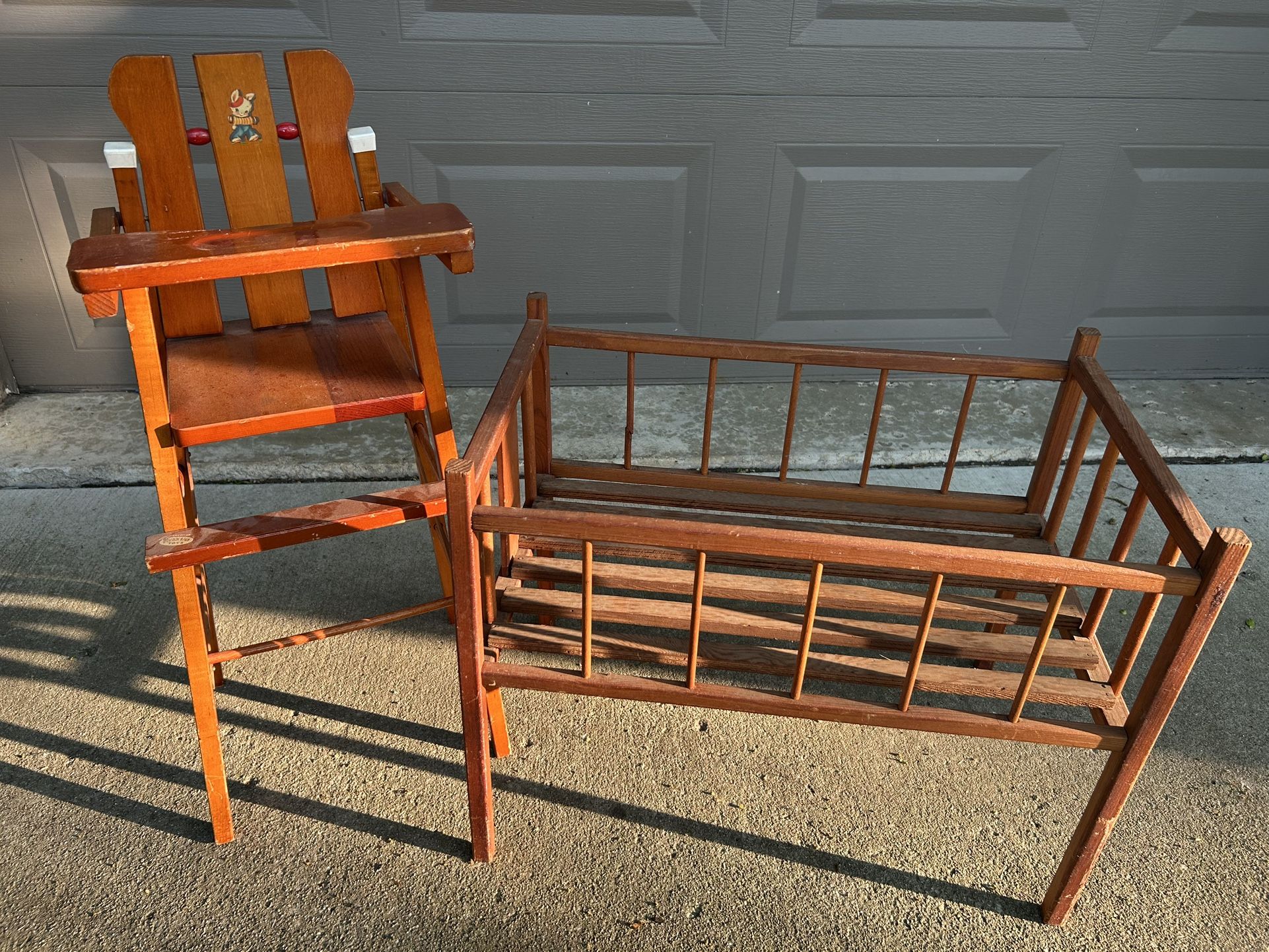 Vintage Wooden Doll High Chair and doll crib