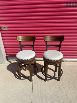 Wood With White Seat And Stud Rimmed Barstools