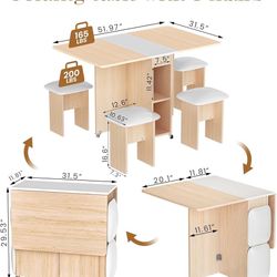 Foldable Dining Table Set for 4,Folding Dining Table with 4 Leather Chairs & Storage,Drop Leaf Dinner Table with 6 Wheels,Folding Kitchen Table and Ch